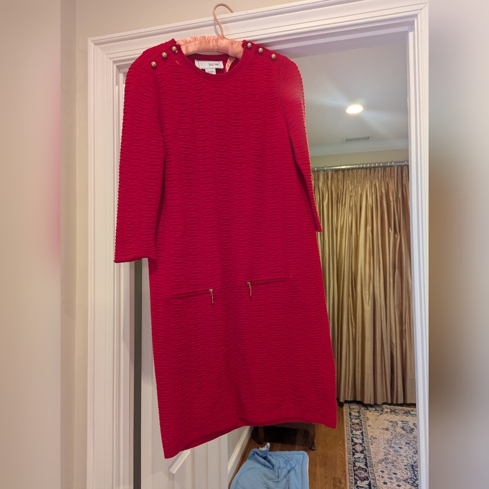 Joan Vass Elegant Red Dress with Gold Button Accents